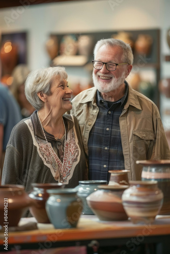 a Caucasian retired couple attending a pottery exhibition