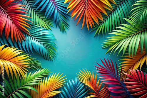 Exotic tropical background with colorful palm leaves   bright  colorful  tropical  exotic  vibrant  background  flat lay  minimalist  summer  painted  palm  leaves  foliage  lush  artistic