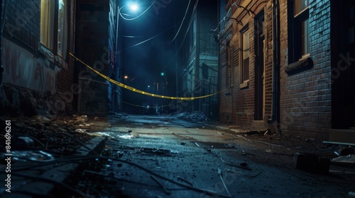 A dimly lit alley at night featuring a chalk outline and police tape, creating a tense and ominous crime scene atmosphere. photo