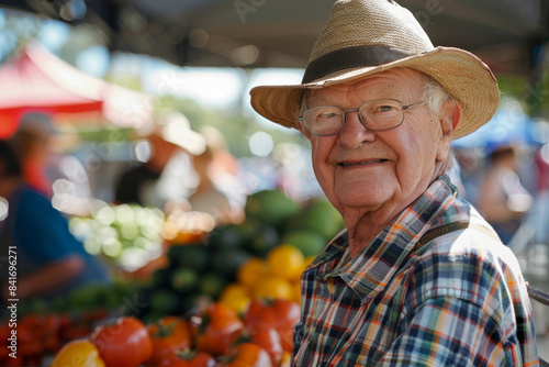 a Caucasian retired man attending a local farmers market