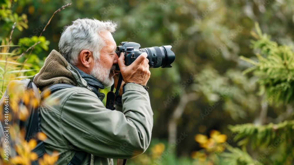 a Caucasian retired man photographing wildlife in a nature reserve a Caucasian retired man photographing wildlife in a nature reserve