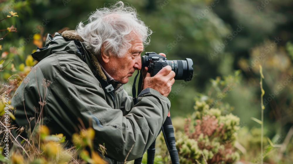 a Caucasian retired man photographing wildlife in a nature reserve a Caucasian retired man photographing wildlife in a nature reserve