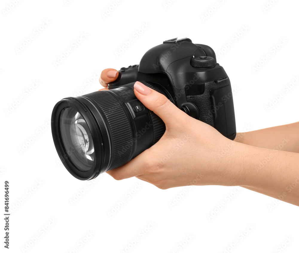 Photographer with camera on white background, closeup Photographer with camera on white background, closeup