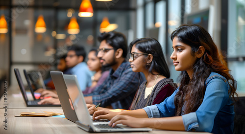 Diverse group of Indian office workers working on laptops in a modern open space, side view