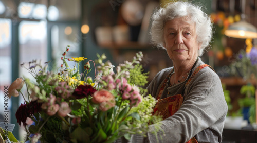 a Caucasian retired woman attending a flower arranging class © AI_images