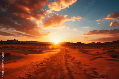 Look to the end of sky of landscape view of dusty road going far away nowhere in desert. Dry road  bad weather  orange sky in evening. Realistic nature clipart template pattern.