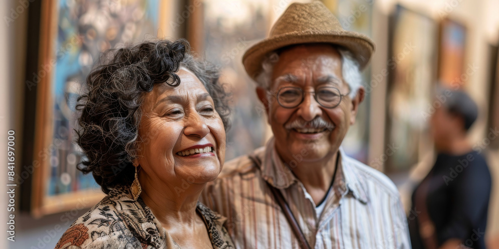 a Hispanic retired couple visiting an art museum a Hispanic retired couple visiting an art museum