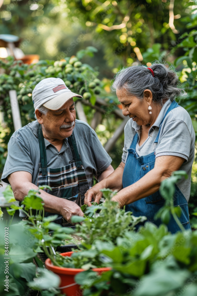 a Hispanic retired couple volunteering at a community garden a Hispanic retired couple volunteering at a community garden