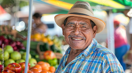 a Hispanic retired man attending a local farmers market