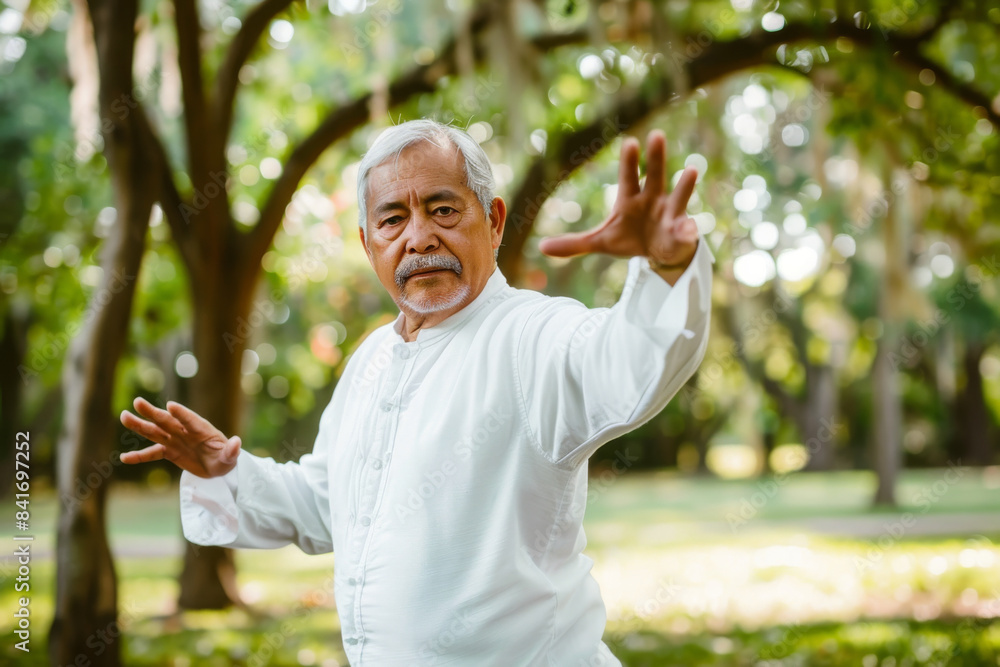 Obraz premium a Hispanic retired man practicing tai chi in a park