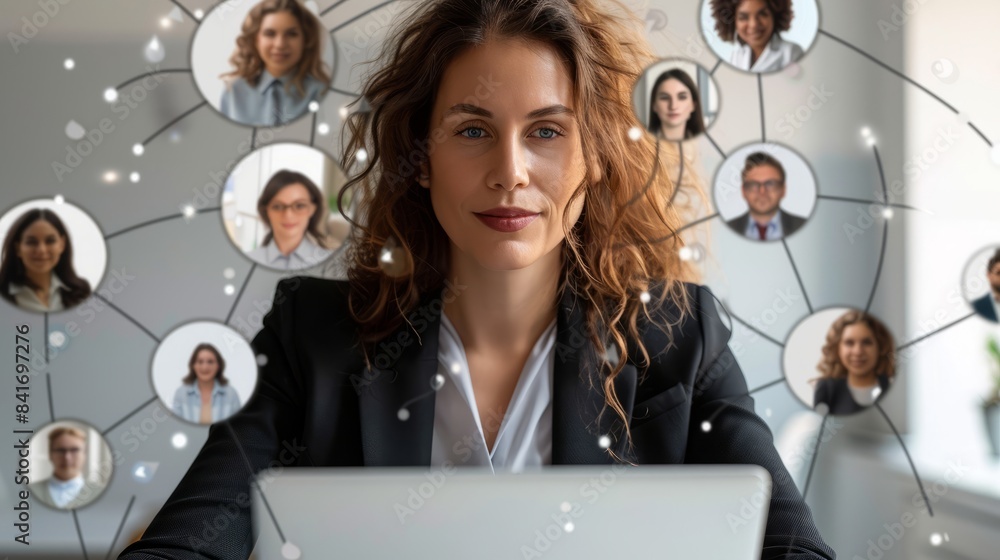 The old man in the beauty salonThe businesswoman is working on her laptop, surrounded by ICONS representing social media and digital marketing services. Data exchange development and customer service. The old man in the beauty salonThe businesswoman is working on her laptop, surrounded by ICONS representing social media and digital marketing services. Data exchange development and customer service.