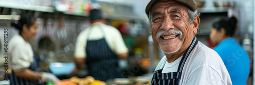 a Hispanic retired man volunteering at a soup kitchen