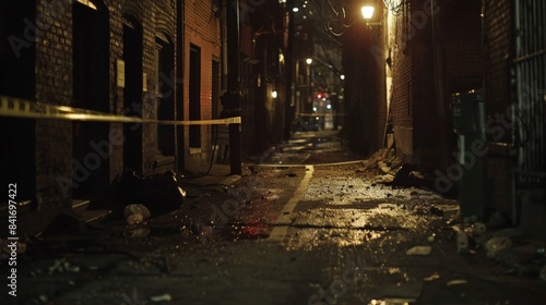 A dimly lit alley at night featuring a chalk outline and police tape, creating a tense and ominous crime scene atmosphere.