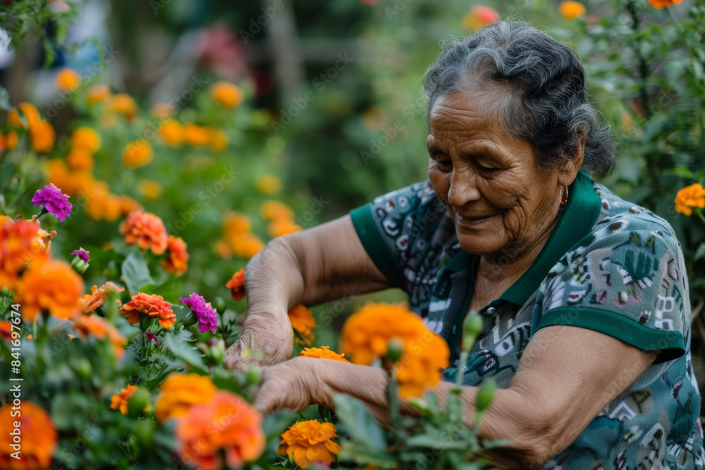 a Hispanic retired woman tending to a vibrant flower garden a Hispanic retired woman tending to a vibrant flower garden