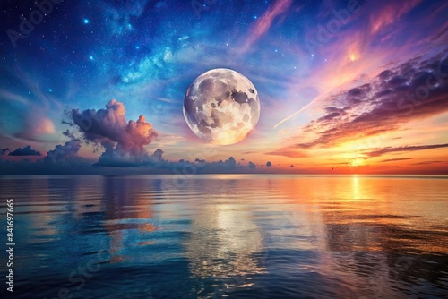 Vibrant night sky with full moon over serene sea, merging dreams and reality, full moon, night sky, vibrant, colorful nebulae, serene sea, dreams, reality, celestial, cosmic, astronomy