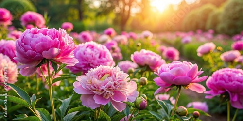 Big blooming pink peony flowers in a garden on a sunny day , Peony, Sorbet, Paeonia Lactiflora, Hybriden, flowers, spring, garden, sunny day, pink, blooming, beautiful, nature, outdoors