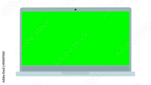 Appearance of a laptop with its opening from the back with appearance of a green screen on the screen in flat design style on white background