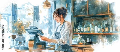 Watercolor painting of a barista working at a cozy cafe, preparing coffee at the counter with a warm ambiance and decorative shelves.