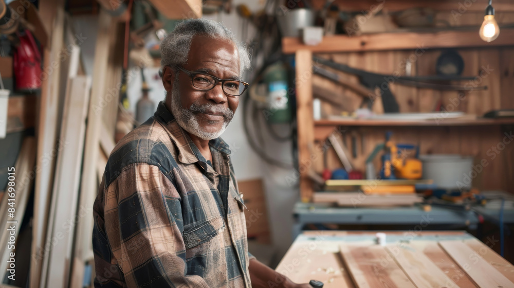 an African American retired man woodworking in his home workshop an African American retired man woodworking in his home workshop