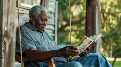 an African American retired man reading a book on a porch swing