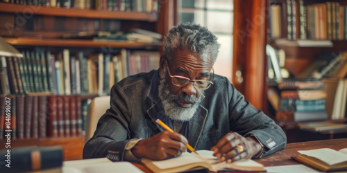 an African American retired man writing a memoir at his desk