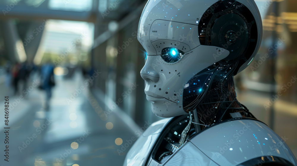 Close-up view of an advanced humanoid robot, showcasing cutting-edge technology and artificial intelligence in a modern setting.