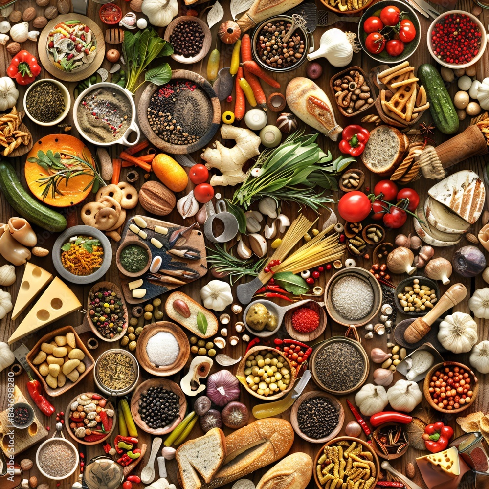 Detailed 3D render of food textures, featuring an array of ingredients and culinary elements arranged in a neat, seamless pattern Detailed 3D render of food textures, featuring an array of ingredients and culinary elements arranged in a neat, seamless pattern