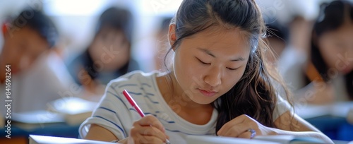 Focused Young Woman Writing In Classroom During Exam