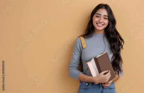 Smiling Young Woman Holding Laptop in Front of Yellow Wall