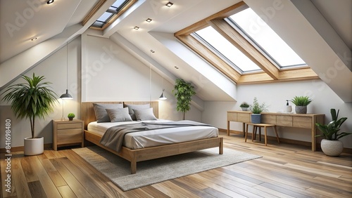Modern small attic bedroom with white walls  parquet floor  skylights  modern bed  and minimalistic furniture  attic  bedroom  small  white walls  parquet floor  skylights  modern design