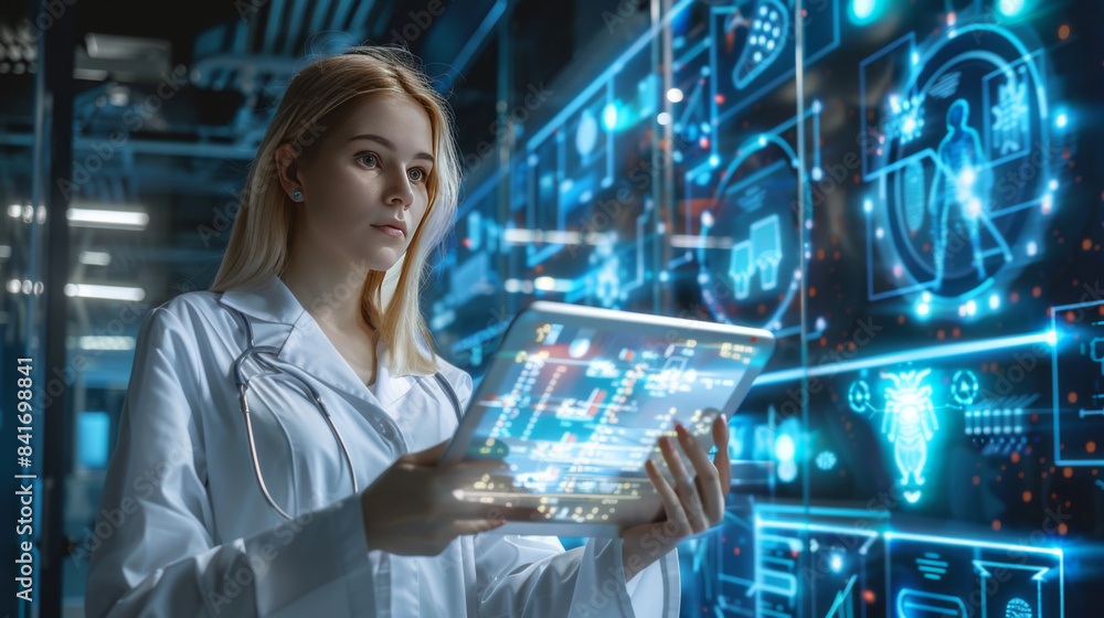 A female doctor examines digital data on a tablet in a high-tech medical facility, highlighting advanced healthcare technology. A female doctor examines digital data on a tablet in a high-tech medical facility, highlighting advanced healthcare technology.