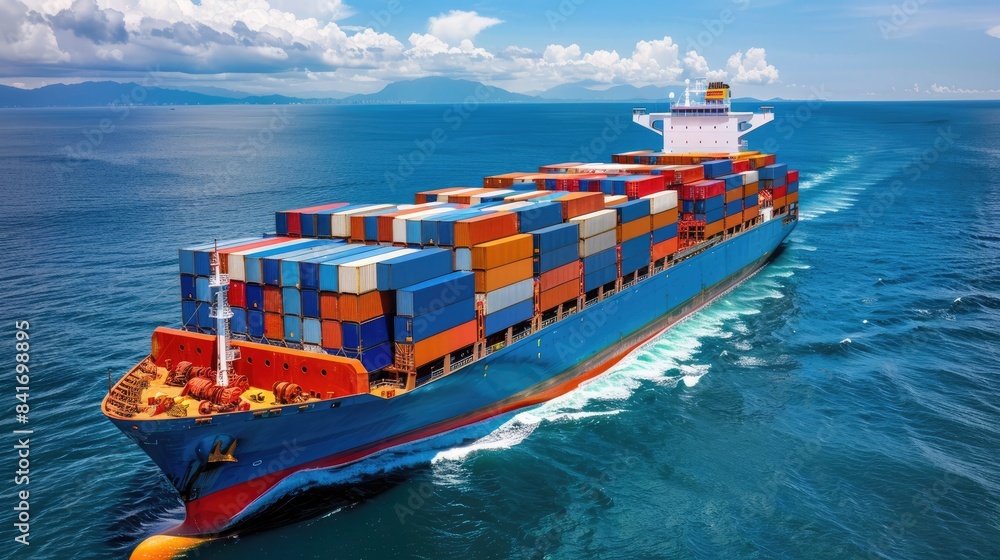 Fototapeta premium container ship in import export and business logistic.By crane ,Trade Port , Shipping.cargo to harbor.Aerial view.Water transport.International.Shell Marine.Top view. 