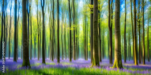 Blurred motion spring woodland forest with impressionist artistic style   trees  nature  spring  background  motion blur  impressionism  artistic  landscape  green  vibrant  abstract  foliage