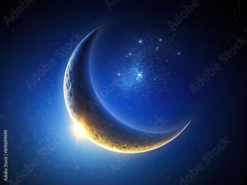 Bright crescent moon shining in the night sky, moon, crescent, night, sky, stars, celestial, astronomy, space, glowing, luminous, nighttime, peaceful, tranquil, beauty, nature, universe
