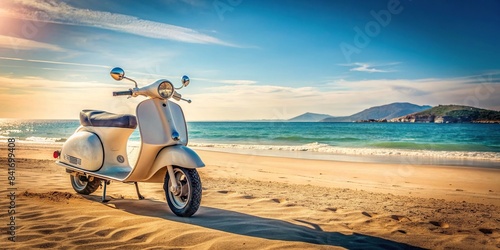 Retro Vespa parked on a sandy beach in Sardinia, Sardinia, Italy, retro, vintage, Vespa, scooter, beach, sand, Mediterranean, vacation, travel, lifestyle, seaside, relaxing, coastal