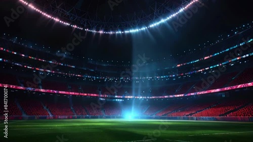 This is a night scene of an empty soccer stadium with the lights on.
