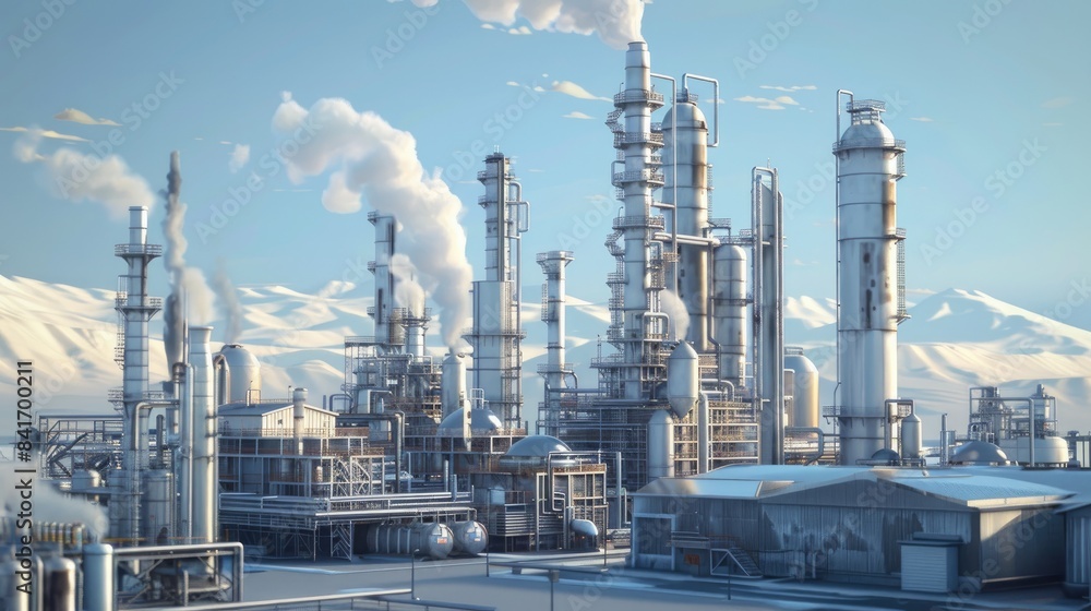 Aerial view Oil refinery. with a background of the sea and sky. The factory is located in the middle of nature and no emissions. The area around the air pure. Top view. Aerial view Oil refinery. with a background of the sea and sky. The factory is located in the middle of nature and no emissions. The area around the air pure. Top view.