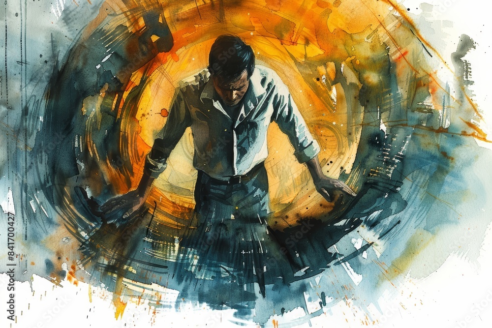 An artistic watercolor illustration of a detective experiencing vertigo ...