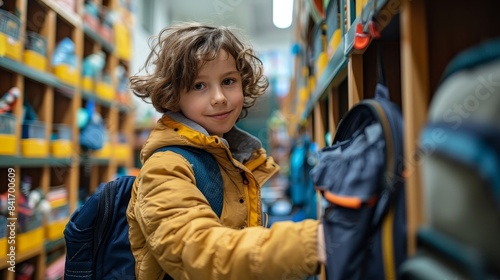 A young boy with curly brown hair excitedly chooses a backpack at a school supply store. Back to school © Muhammad