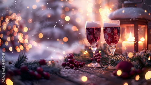 Two glasses of festive drinks with holiday decorations and candlelight  set in a cozy winter scene with bokeh lights.