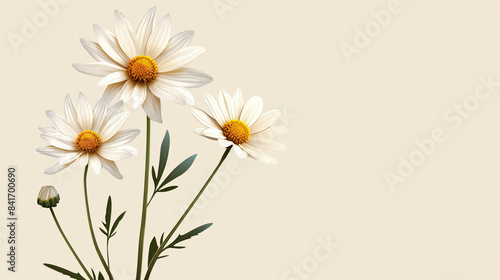Trio of white daisies with yellow centers and green stems against a light background  creating a delicate and natural composition.