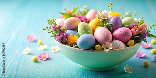 A vibrant bowl overflowing with colorful Easter eggs nestled amongst delicate spring flowers, all arranged on a calming light blue background with ample space for text, easter, eggs, spring © Sompong