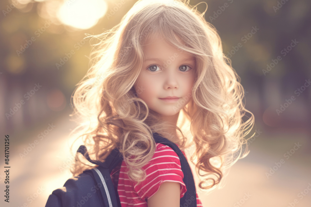 Beautiful blonde little girl with a backpack on her back goes to school. First day at school. Back to school. Beautiful blonde little girl with a backpack on her back goes to school. First day at school. Back to school.