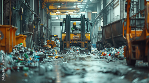 A forklift maneuvering through a recycling plant filled with various trash and recyclable materials, highlighting industrial waste management.