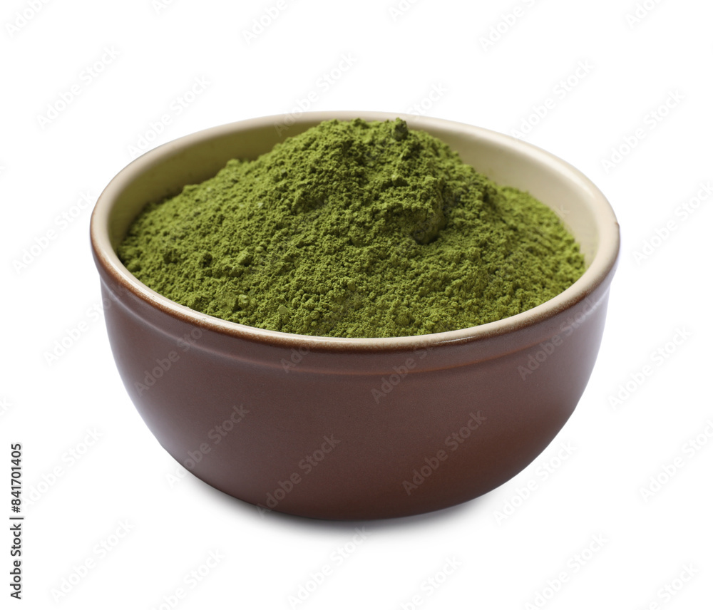 Green matcha powder in bowl isolated on white Green matcha powder in bowl isolated on white