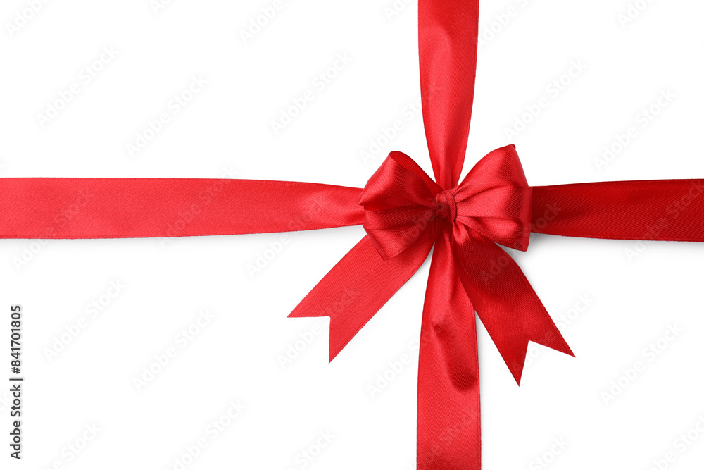 Red satin ribbon with bow isolated on white, top view Red satin ribbon with bow isolated on white, top view