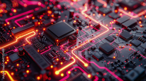 Close Up of a Circuit Board With Glowing Red Wires