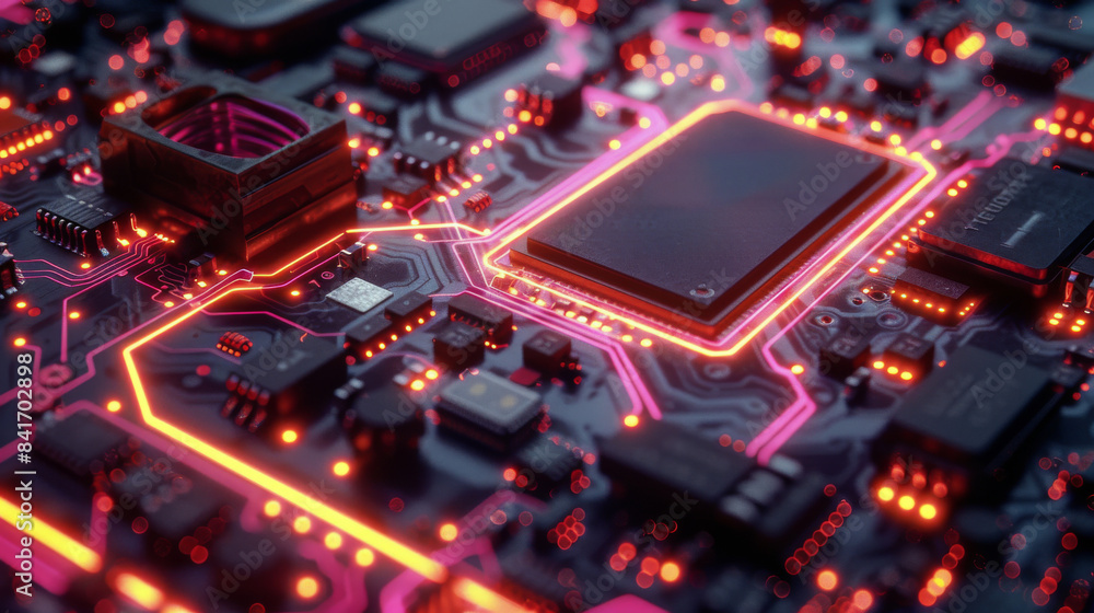 Close Up of a Circuit Board With Glowing Red Wires Close Up of a Circuit Board With Glowing Red Wires