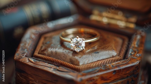 Diamond Engagement Ring in a Wooden Box With Blurred Flowers in the Background