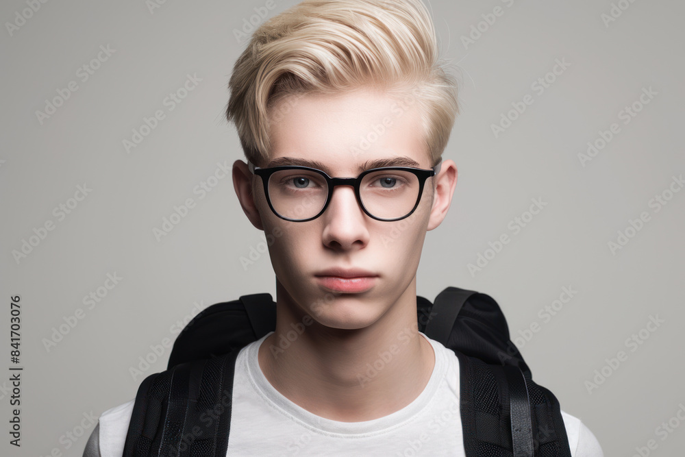 Portrait of guy with glasses and backpack on his back. Back to school. Portrait of guy with glasses and backpack on his back. Back to school.